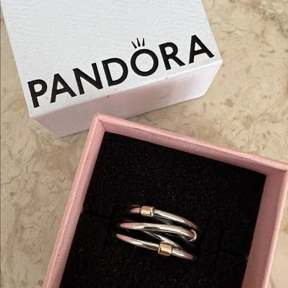PANDORA 14K Gold & 925 Sterling Silver Rope Ring 190383 Retired Stamped 925 Ale - Picture 2 of 11